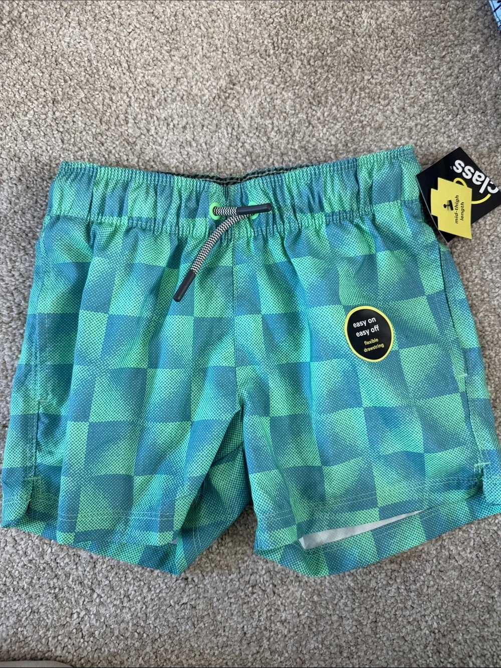 NWT Boys Checker Print Swim Shorts with pockets and lining size xs 4/5
